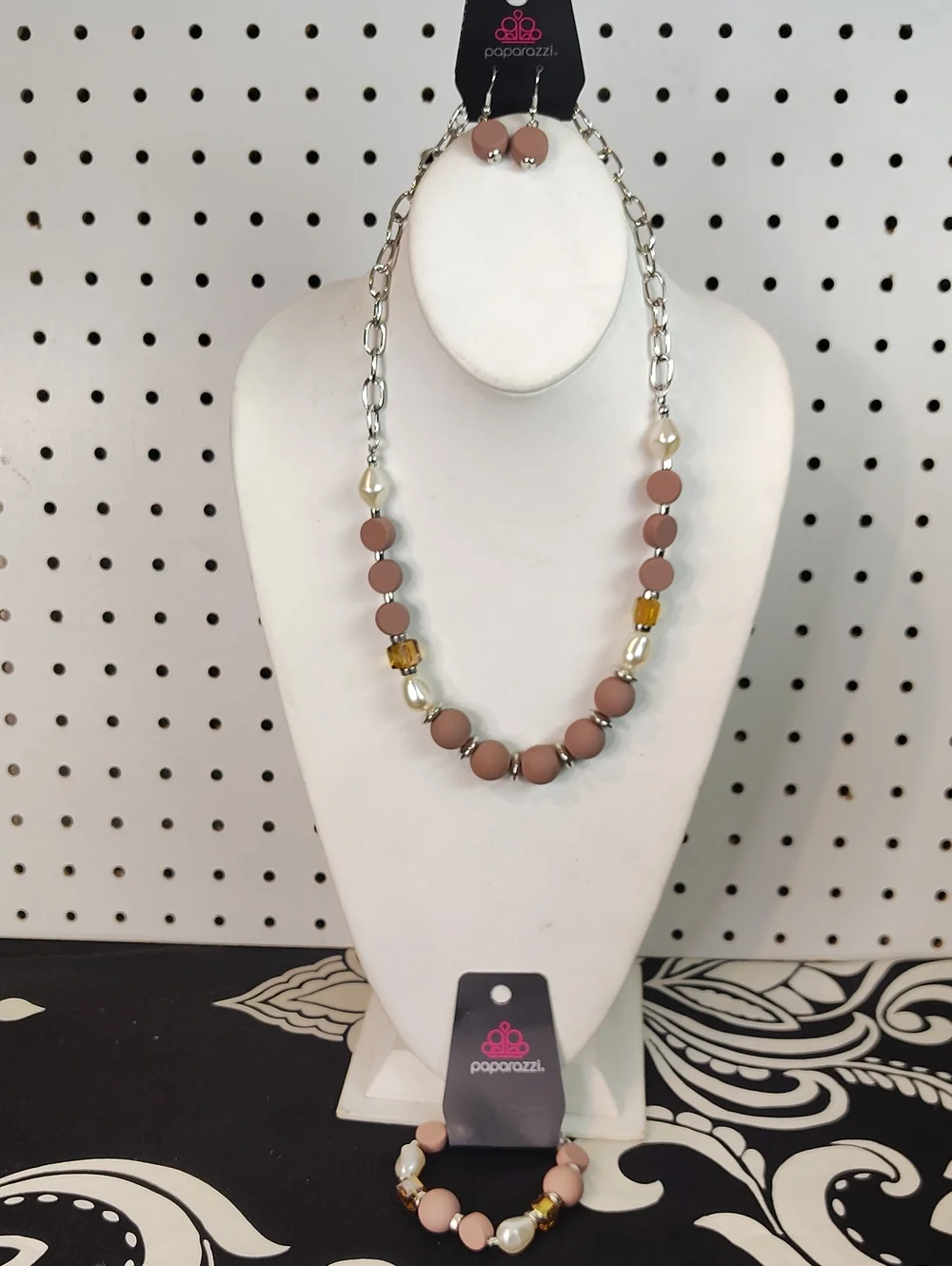 Papa Matte Brown & Pearl Accent Necklace & Earring Set matching With Bracelet